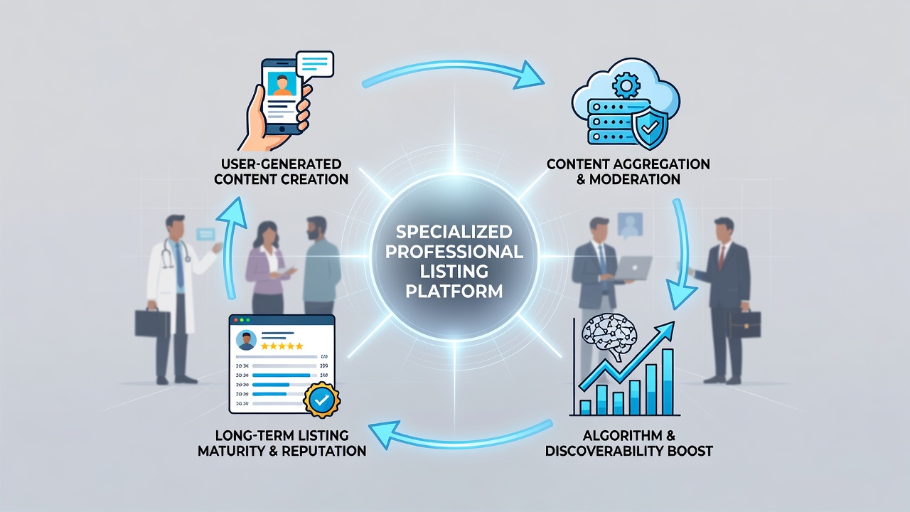 How User-Generated Content Cycles Shape Long-Term Discoverability in Specialized Professional Listing Platforms